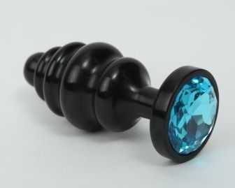 Черная фигурная анальная пробка с голубым кристаллом - 8,2 см. - 4sexdreaM - купить с доставкой в Ростове-на-Дону