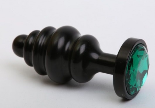 Черная фигурная анальная пробка с зеленым кристаллом - 8,2 см. - 4sexdreaM - купить с доставкой в Ростове-на-Дону