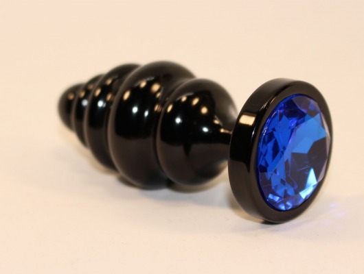 Черная фигурная анальная пробка с синим кристаллом - 8,2 см. - 4sexdreaM - купить с доставкой в Ростове-на-Дону