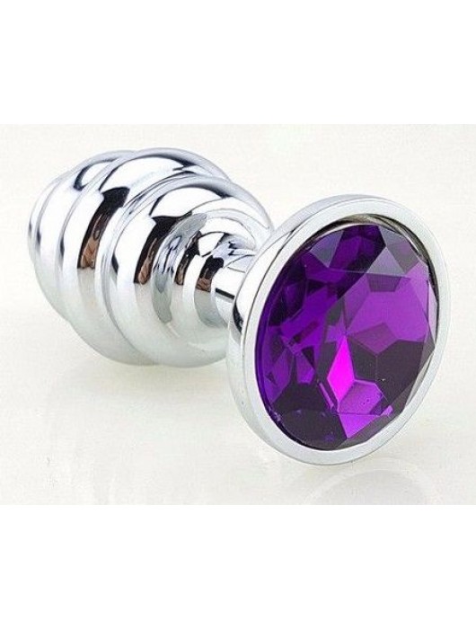 Серебристая фигурная анальная пробка с фиолетовым кристаллом - 8 см. - 4sexdreaM - купить с доставкой в Ростове-на-Дону