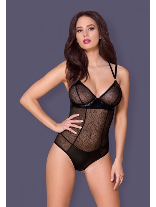 Пикантное боди с декоративной wet-look вставкой - Obsessive купить с доставкой