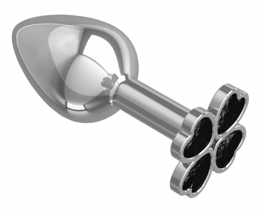 Серебристая анальная втулка с клевером из чёрных кристаллов - 7 см. - Джага-Джага - купить с доставкой в Ростове-на-Дону