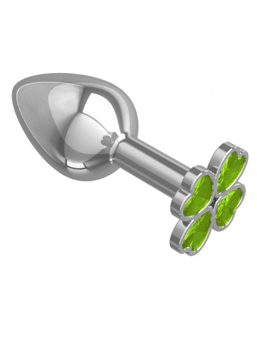 Серебристая анальная втулка с клевером из лаймовых кристаллов - 7 см. - Джага-Джага - купить с доставкой в Ростове-на-Дону
