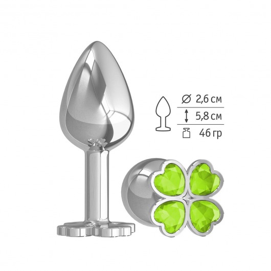 Серебристая анальная втулка с клевером из лаймовых кристаллов - 7 см. - Джага-Джага - купить с доставкой в Ростове-на-Дону