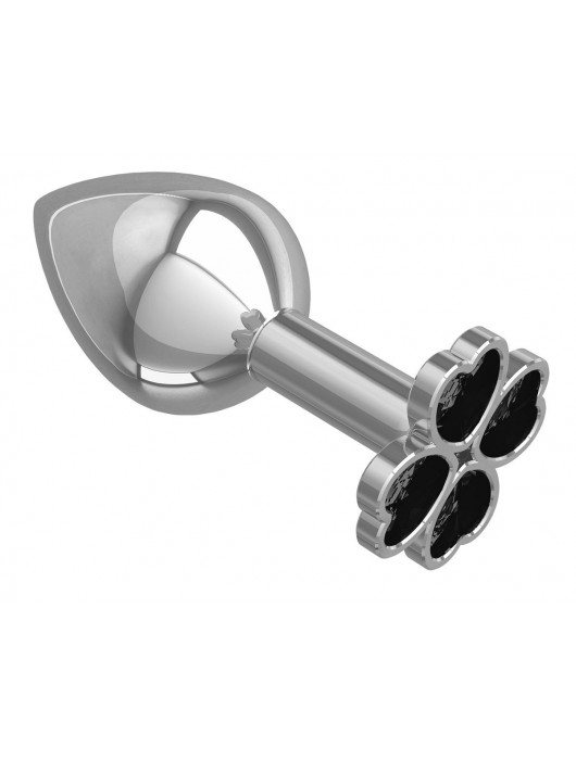 Средняя серебристая анальная втулка с клевером из черных кристаллов - 8,5 см. - Джага-Джага - купить с доставкой в Ростове-на-Дону