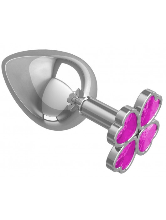 Серебристая анальная пробка-клевер с розовым кристаллом - 9,5 см. - Джага-Джага - купить с доставкой в Ростове-на-Дону