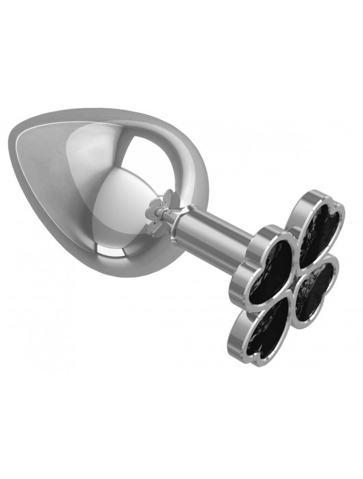 Серебристая анальная пробка-клевер с черным кристаллом - 9,5 см. - Джага-Джага - купить с доставкой в Ростове-на-Дону