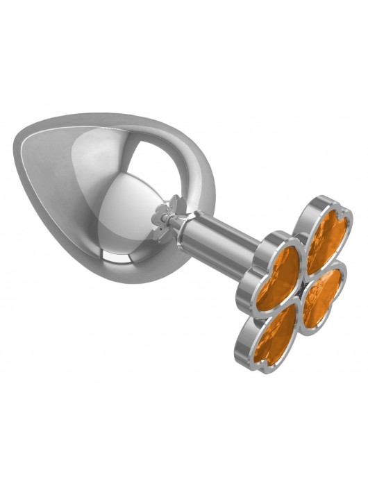 Серебристая анальная пробка-клевер с оранжевым кристаллом - 9,5 см. - Джага-Джага - купить с доставкой в Ростове-на-Дону