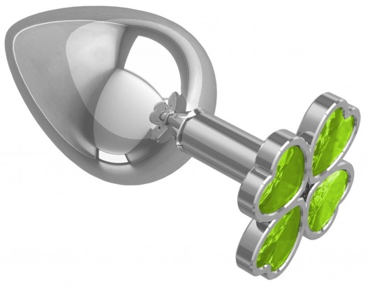 Серебристая анальная пробка-клевер с салатовым кристаллом - 9,5 см. - Джага-Джага - купить с доставкой в Ростове-на-Дону