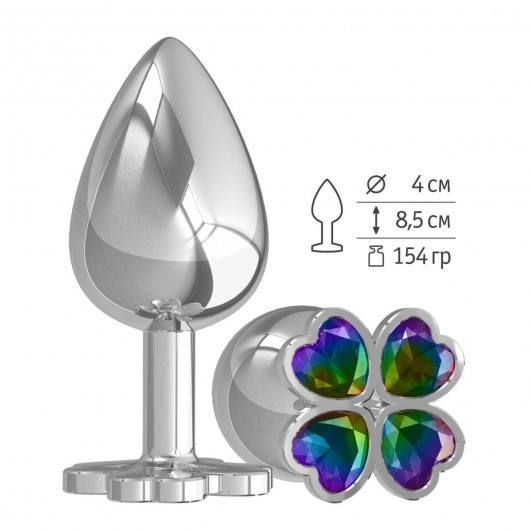 Серебристая анальная пробка-клевер с радужным кристаллом - 9,5 см. - Джага-Джага - купить с доставкой в Ростове-на-Дону