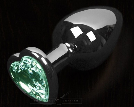 Серая анальная пробка с зеленым кристаллом в виде сердечка - 8,5 см. - Пикантные штучки - купить с доставкой в Ростове-на-Дону