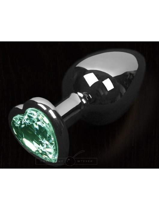 Серая анальная пробка с зеленым кристаллом в виде сердечка - 6 см. - Пикантные штучки - купить с доставкой в Ростове-на-Дону