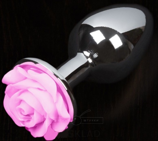 Серая анальная пробка с розовой розочкой - 8,5 см. - Пикантные штучки - купить с доставкой в Ростове-на-Дону