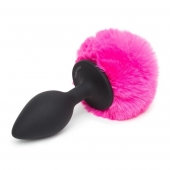 Черная анальная пробка с розовым хвостом Large Bunny Tail Butt Plug - Happy Rabbit