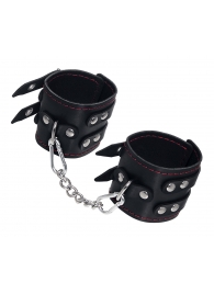 Черные кожаные наручники с двумя ремнями и контрастной строчкой - Pecado - купить с доставкой в Ростове-на-Дону