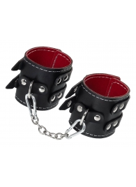 Черные кожаные наручники с двумя ремнями и красной подкладкой - Pecado - купить с доставкой в Ростове-на-Дону