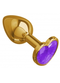 Золотистая анальная втулка с фиолетовым кристаллом-сердцем - 7 см. - Джага-Джага - купить с доставкой в Ростове-на-Дону