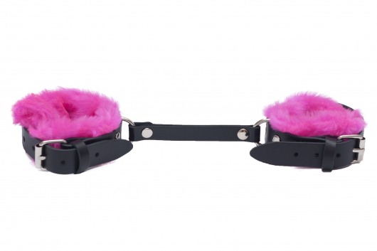 Черные базовые наручники из кожи с розовой опушкой - Лунный свет - купить с доставкой в Ростове-на-Дону